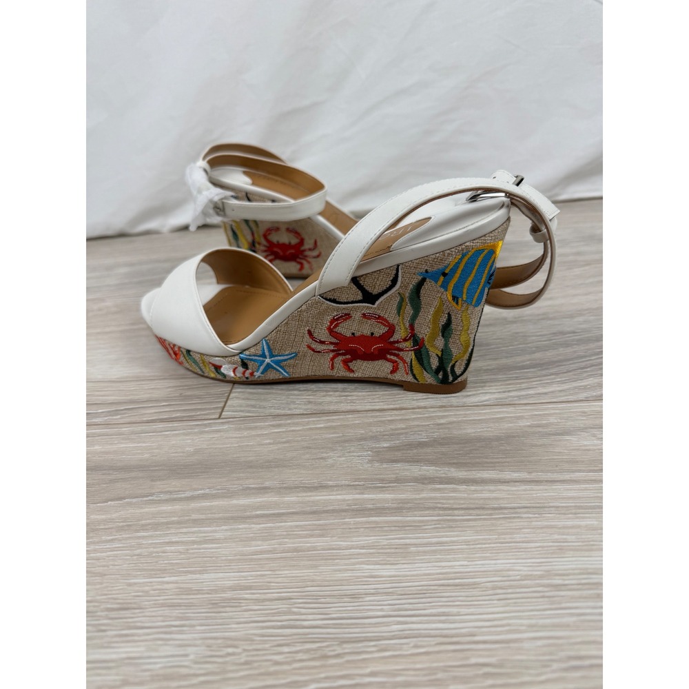 J. Renee Womens White Leather Nautical Embroidered Wedge Sandals 10 NWOB Coastal